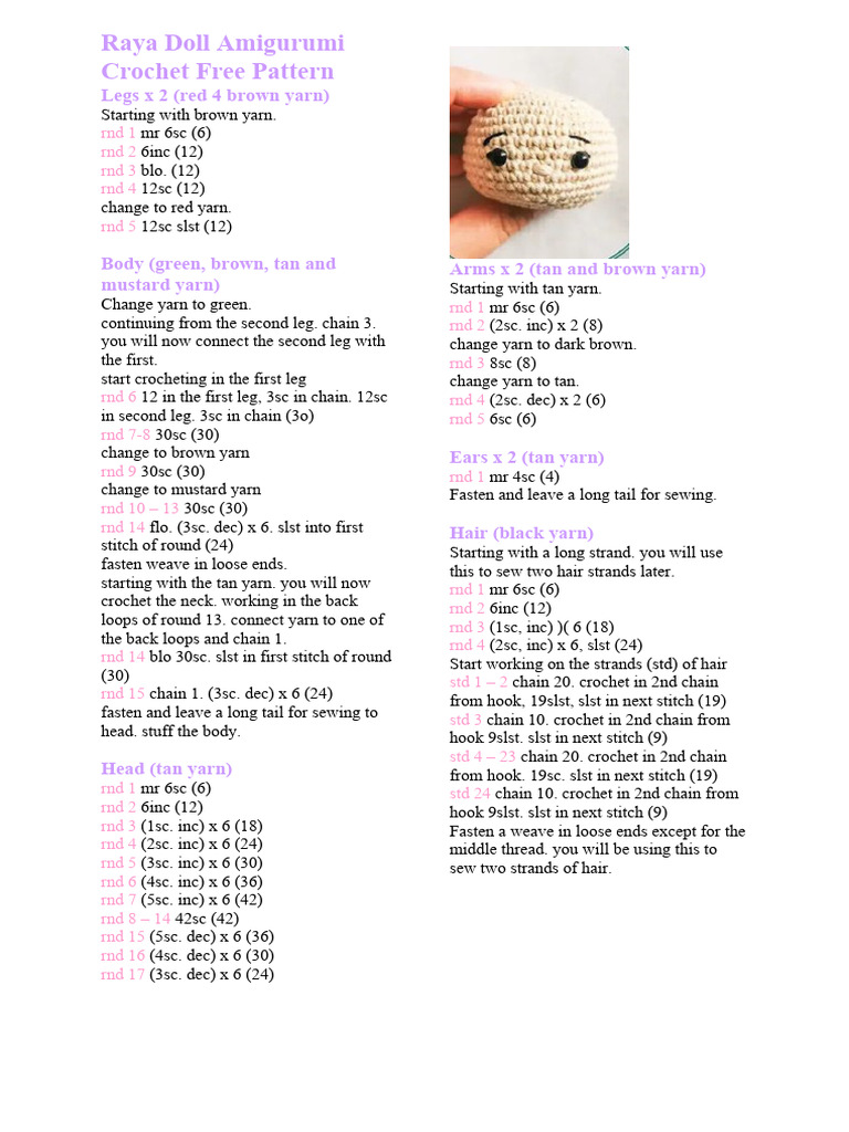 Free Raya Doll Amigurumi Pattern | PDF | Yarn | Crochet