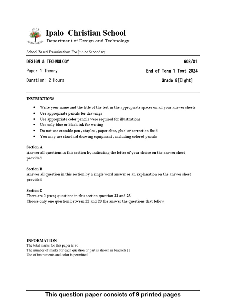 Grade 8 Design & Technology Exam 2024 | PDF | Circle | Triangle