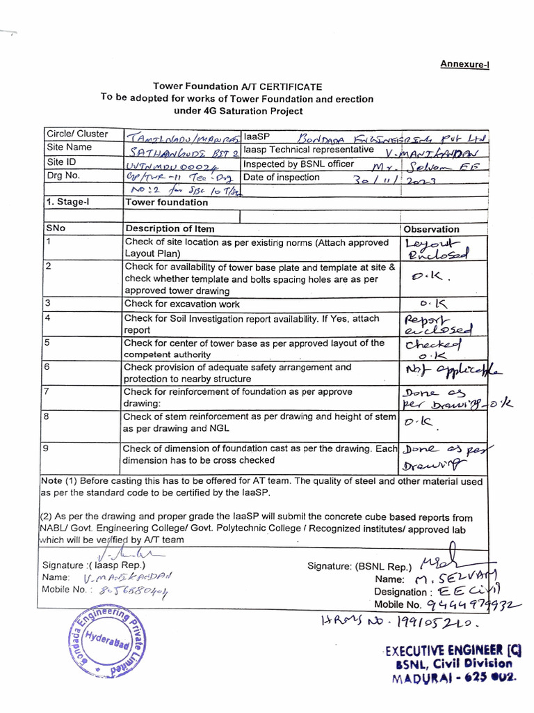 Tower Foundation Inspection Checklist | PDF | Technology & Engineering