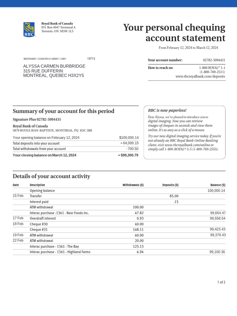 ALYSSA CARMEN BURBRIDGE_ROYAL BANK OF CANADA_ACCOUNT STATEMENT | PDF ...