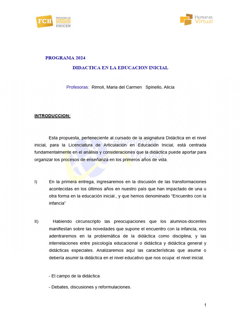 Didáctica en Educación Inicial 2024 | PDF | Educación de la primera ...