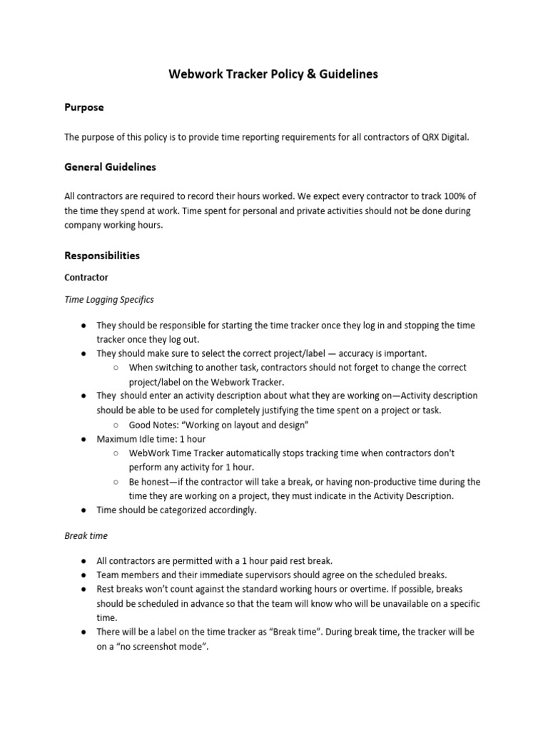 Webwork Tracker Policy Guidelines Download Free PDF Overtime 
