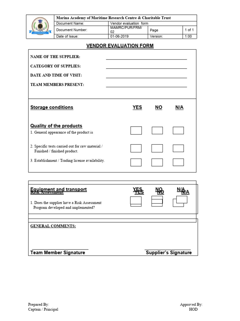 Vendor Evaluation Form Template | PDF