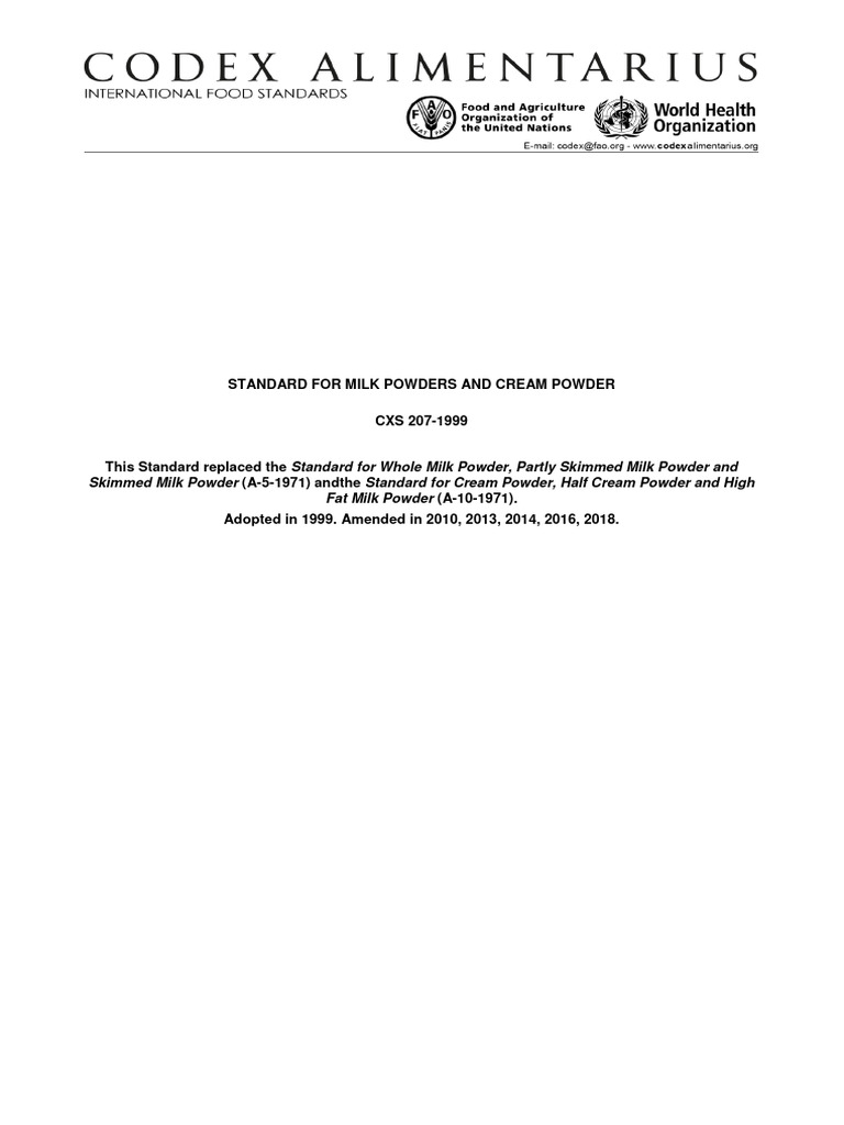 Codex Standard for Milk Powders | PDF | Milk | Cream