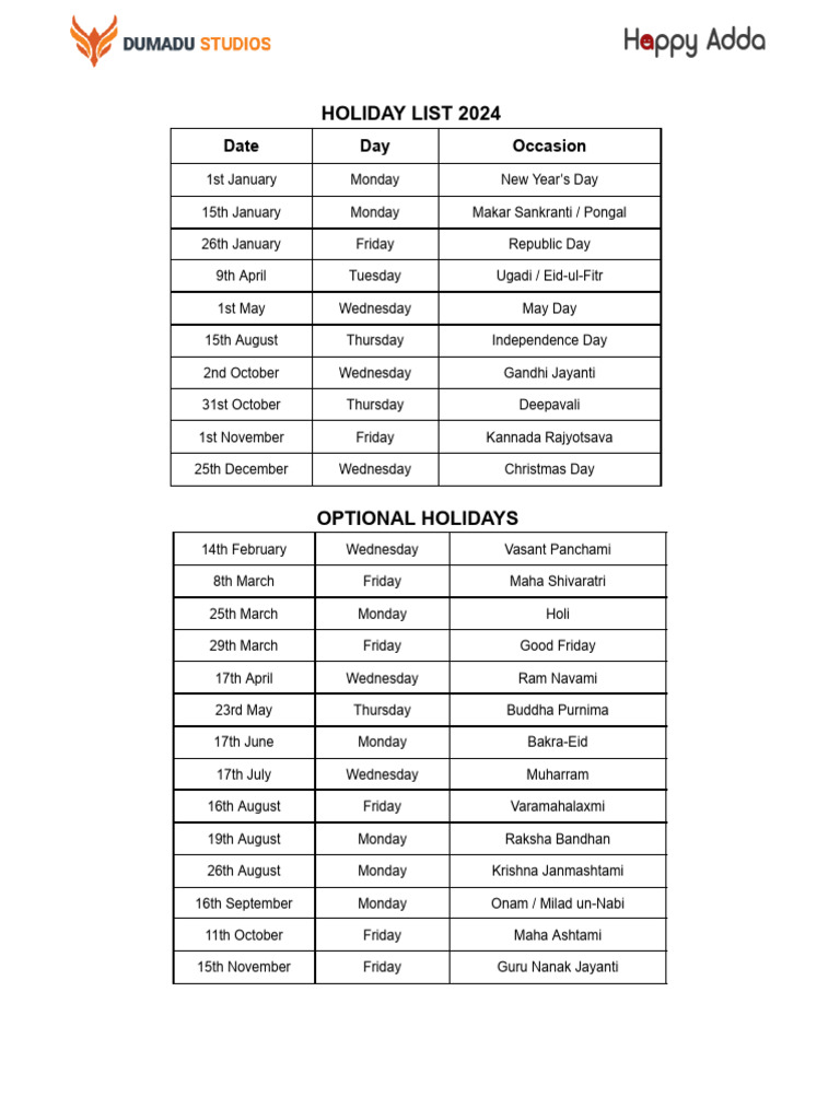Holiday List 2024 PDF