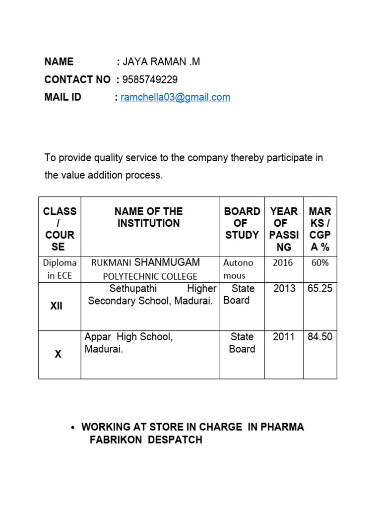 Jaya Raman M's Professional Profile | PDF