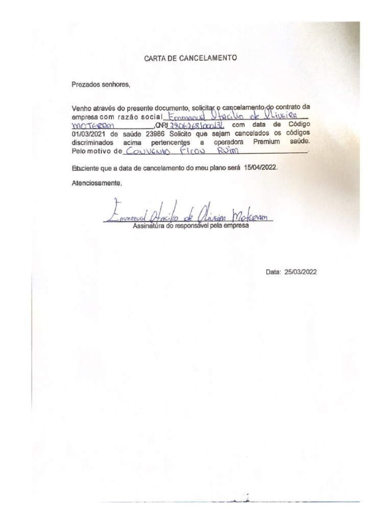 Carta De Cancelamento Pdf