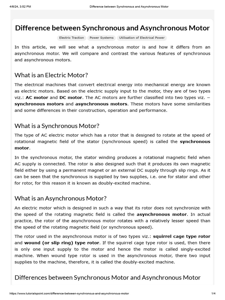 Difference Between Synchronous and Asynchronous Motor | PDF | Electric ...