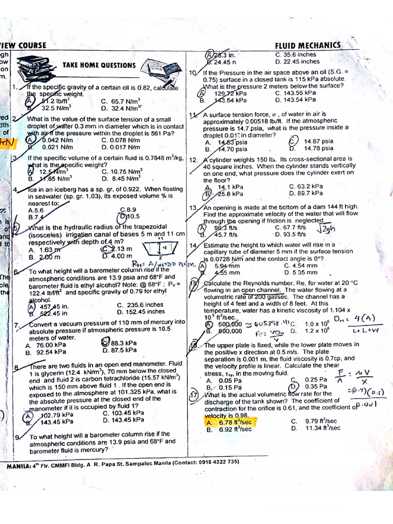 Fluid Mechanics 1 Take Home Problems 1 | PDF