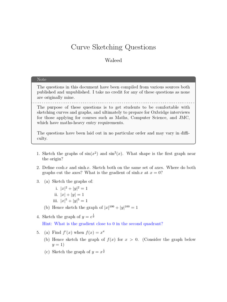 Curve Sketching Practice Questions | PDF | Initial Condition | Applied ...