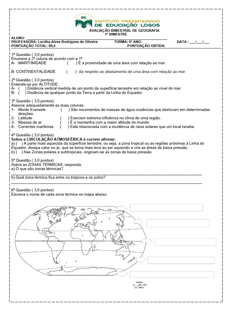 AVALIAÇÃO BIMESTRAL GEOGRAFIA - 6 ANO IPEL. 1° BIMESTRE - 2024. | PDF ...
