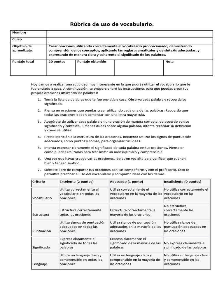 Rúbrica para Evaluar Vocabulario | PDF | Oración (Lingüística) | Puntuación