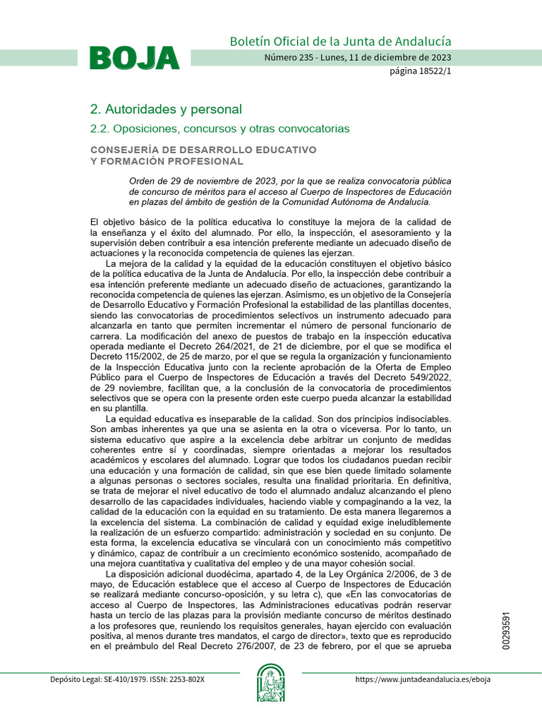 Convocatoria Inspectores Educación Andalucía | PDF | Divorcio | Invalidez