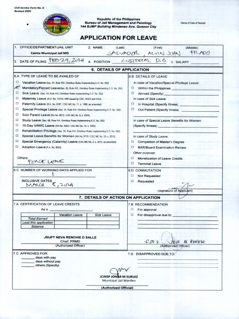 Forced Leave Application JO3 Alvin John P Salvador | PDF