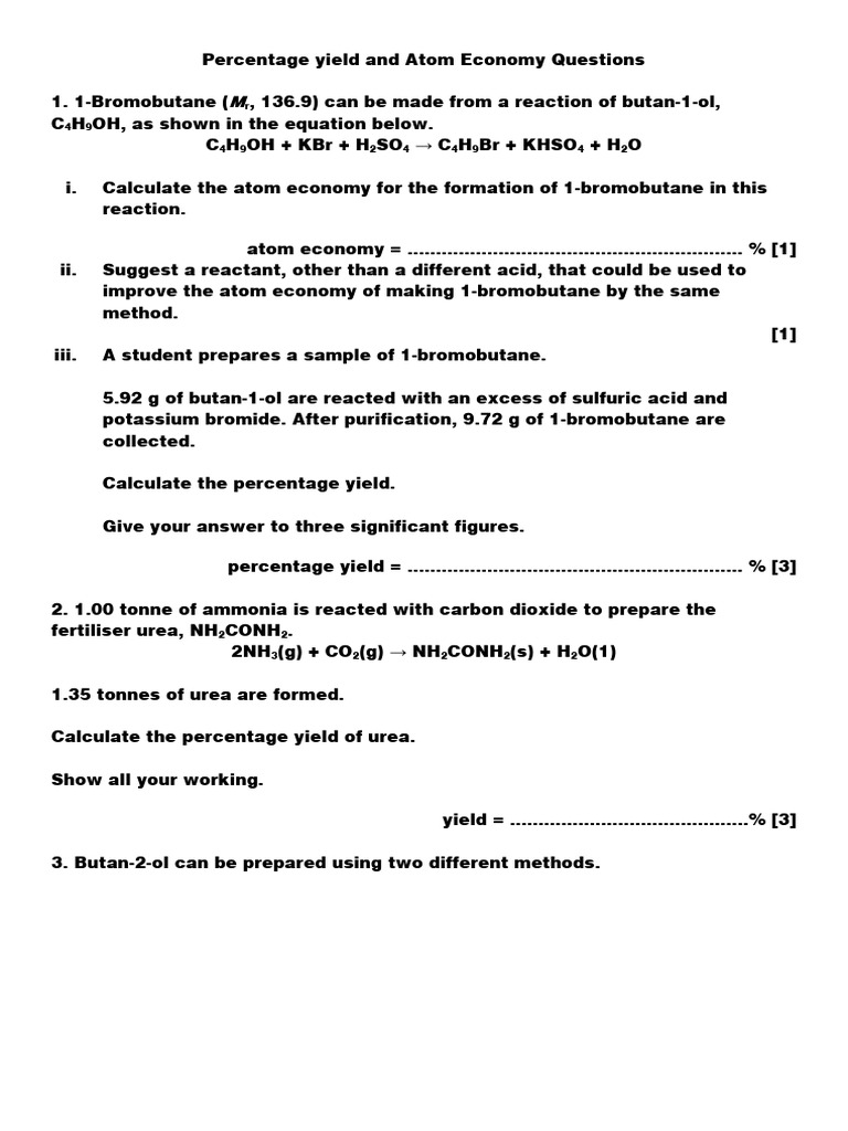 Atom Economy and Percentage Yield Questions | PDF | Mole (Unit ...