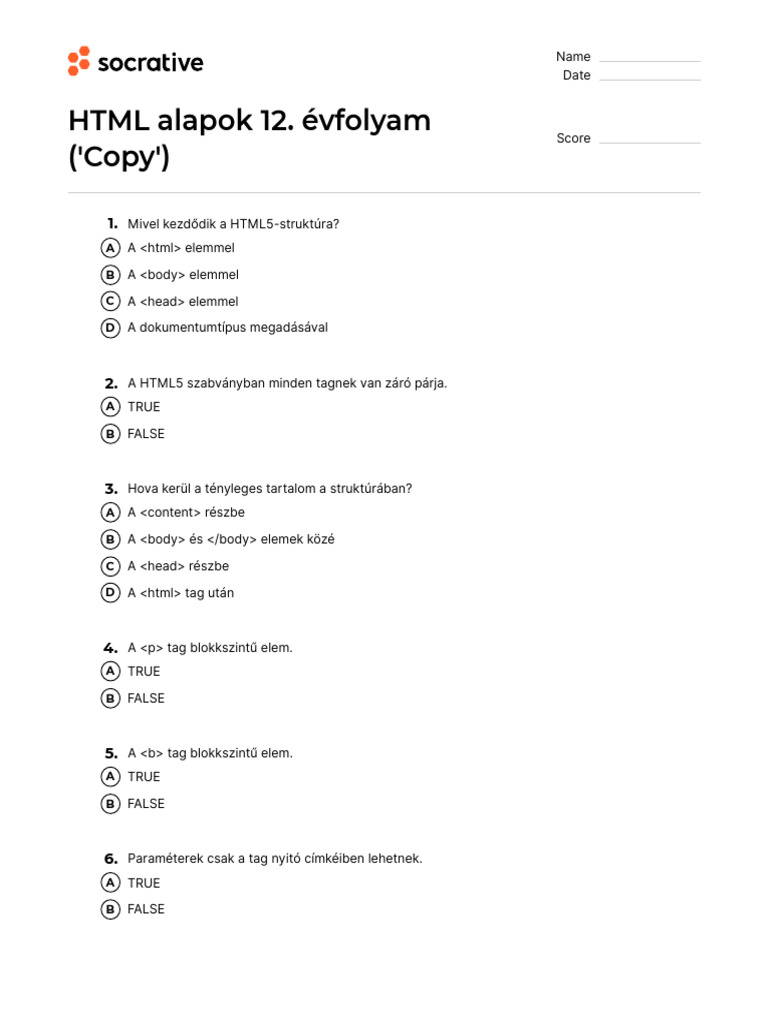 Quiz - HTML Alapok 12. Évfolyam (Copy) | PDF