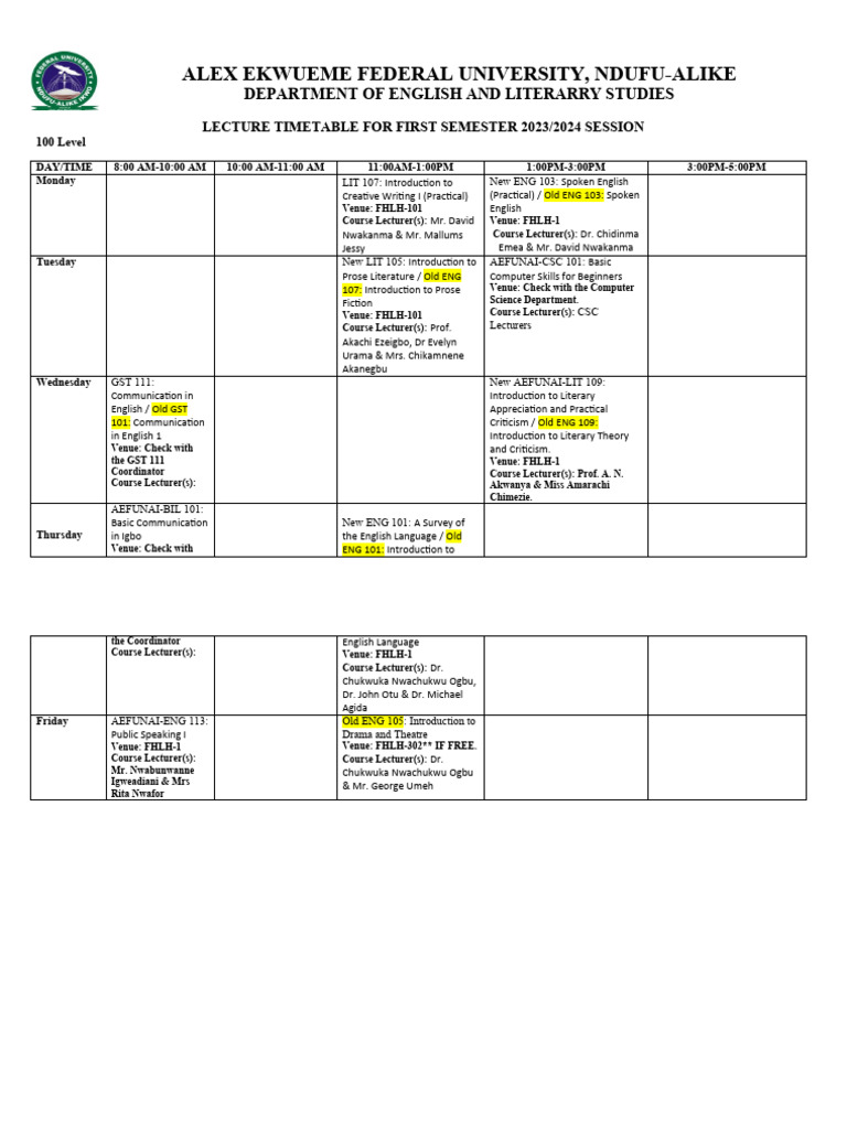 AEFUNAI English Dept. Timetable 2023/24 | PDF | Human Communication ...