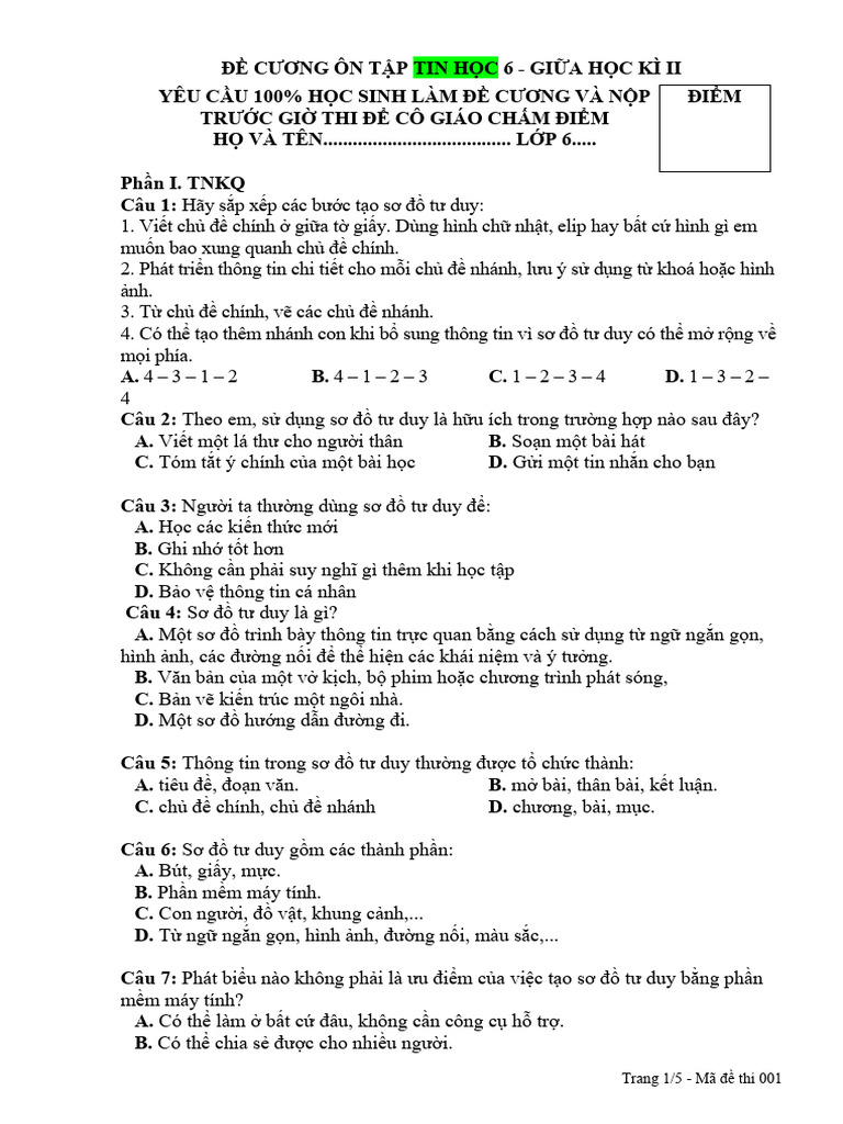 Tin 6 - Đề Cương Ghkii - 6abde | PDF