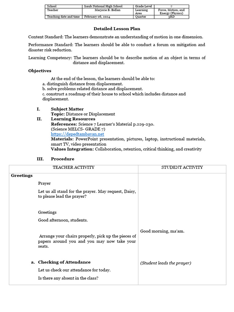 Lesson Plan on Distance vs. Displacement | PDF | Distance | Learning