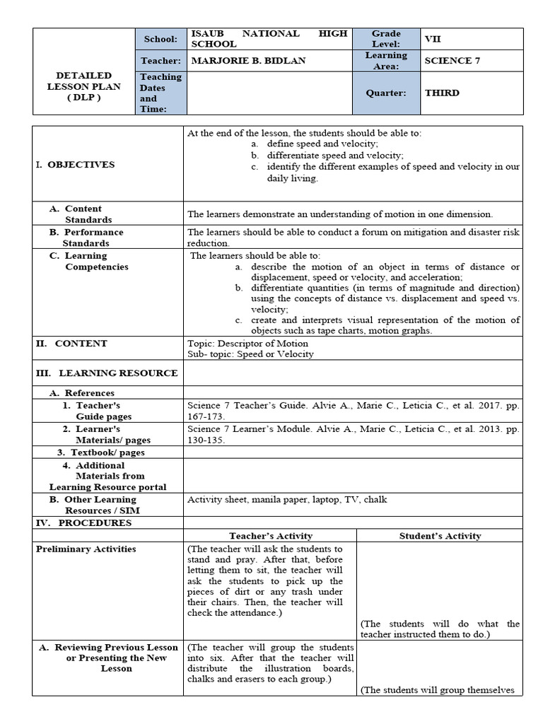 Science 7 Lesson Plan: Speed vs. Velocity | PDF | Speed | Velocity