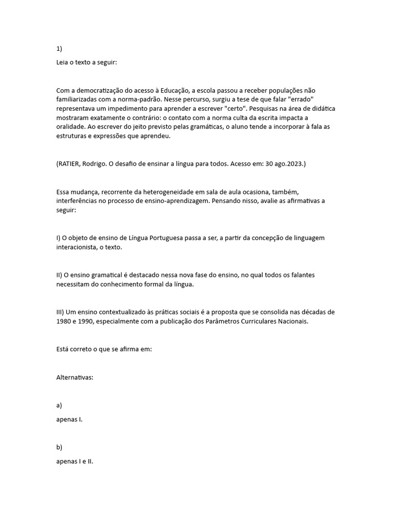 Av1 - Aprendizagem Da Língua Portuguesa | PDF | Alfabetização | Aprendizado