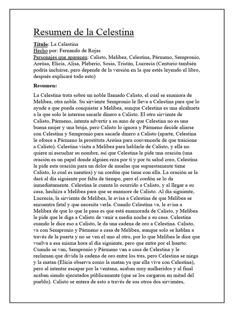 Resumen de La Celestina | PDF | Novela negra, policíaca y suspenso | Poesía