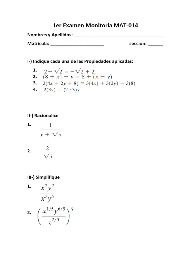 Examen de Matemáticas MAT-014: Ejercicios | PDF