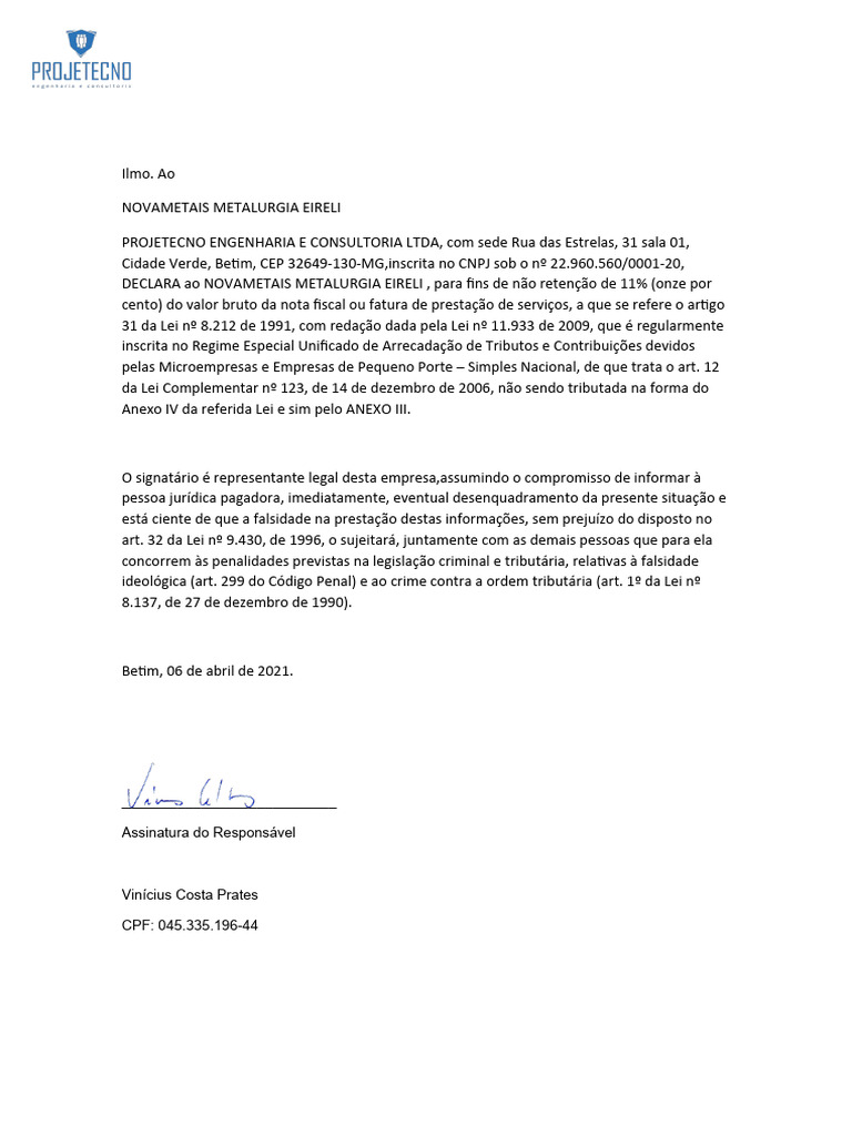 Modelo declara o de n o reten o de inss pdf