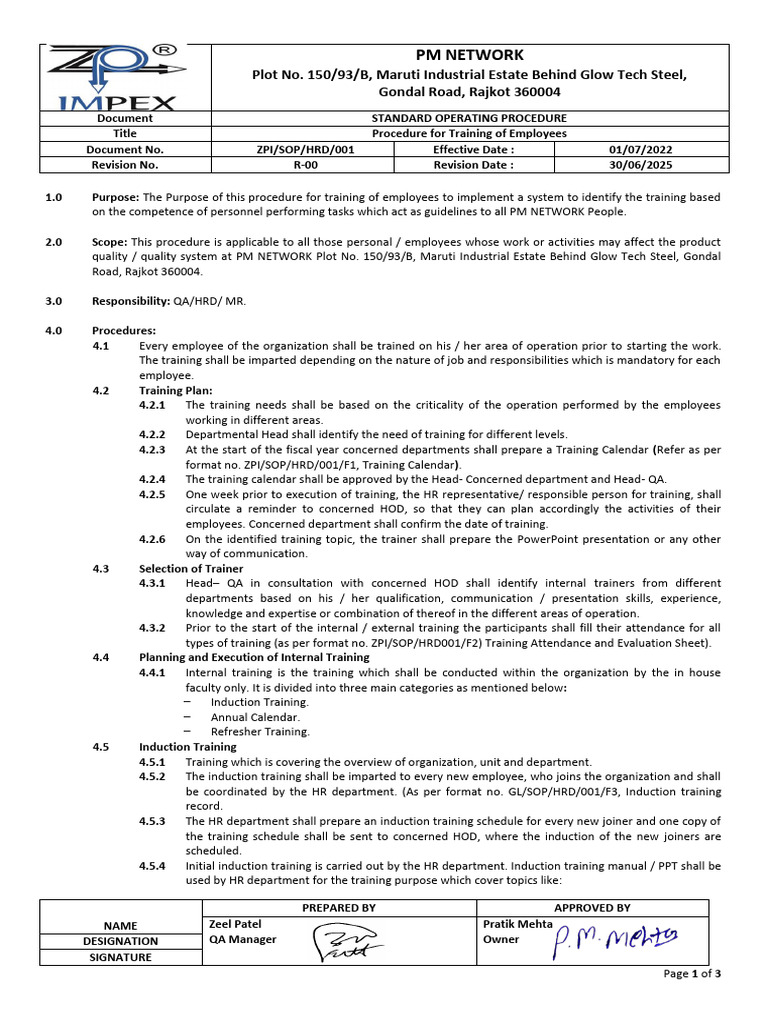Employee Training Standard Operating Procedure | PDF | Business