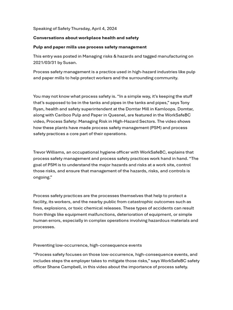 Pulp and Paper Mills Use Process Safety Management | PDF | Risk | Labor ...