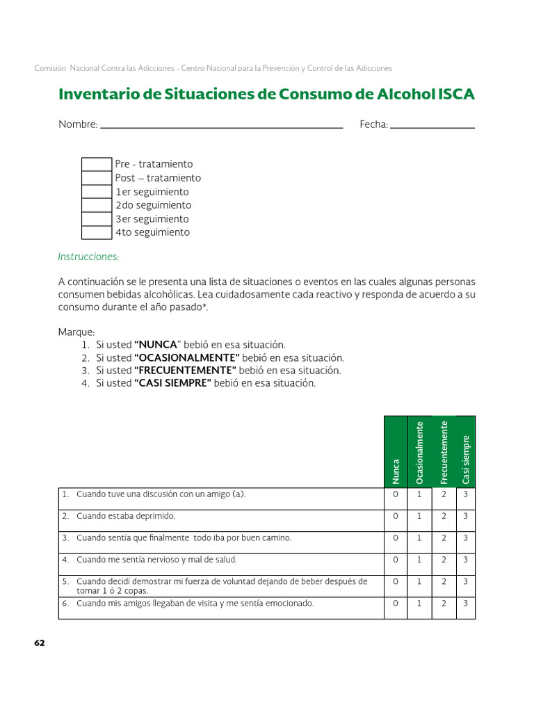 Inventario de Situaciones de Consumo de Alcohol ISCA | PDF