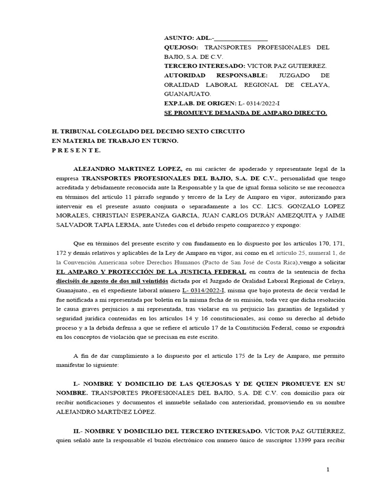 Amparo Directo en Caso Laboral Celaya | PDF | Caso de ley | Jurisdicción