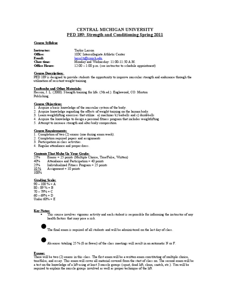 PED 189 Strength and Conditioning Syllabus PDF Weight Training