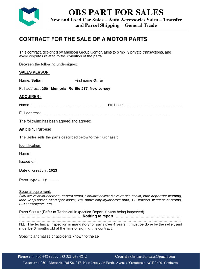 Motor Parts Sale Contract Template | PDF | Receipt