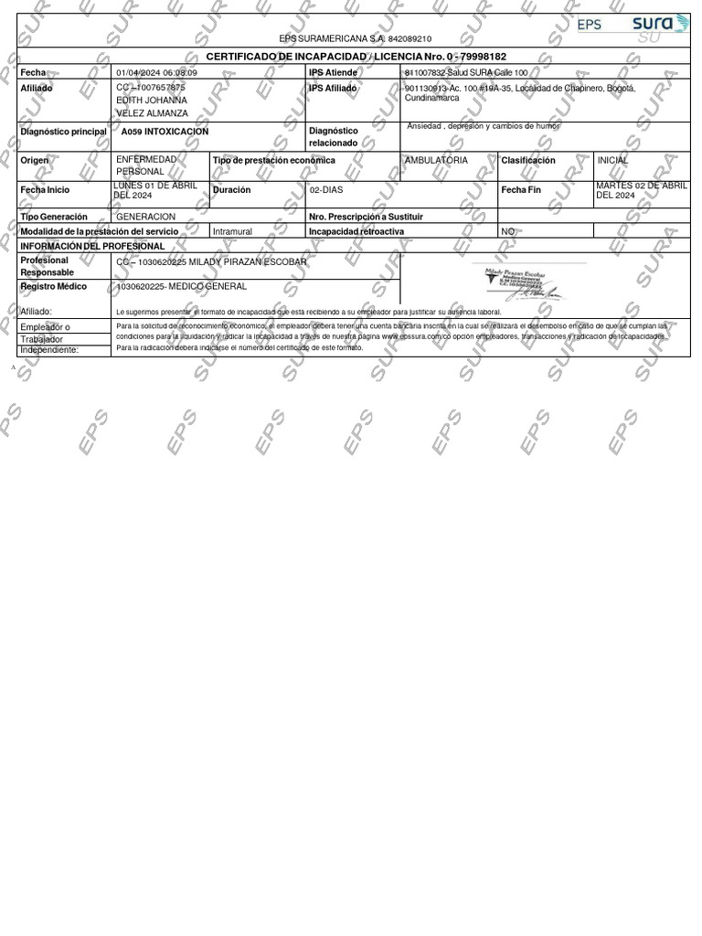 Certificado de Incapacidad SURA 2024 | PDF