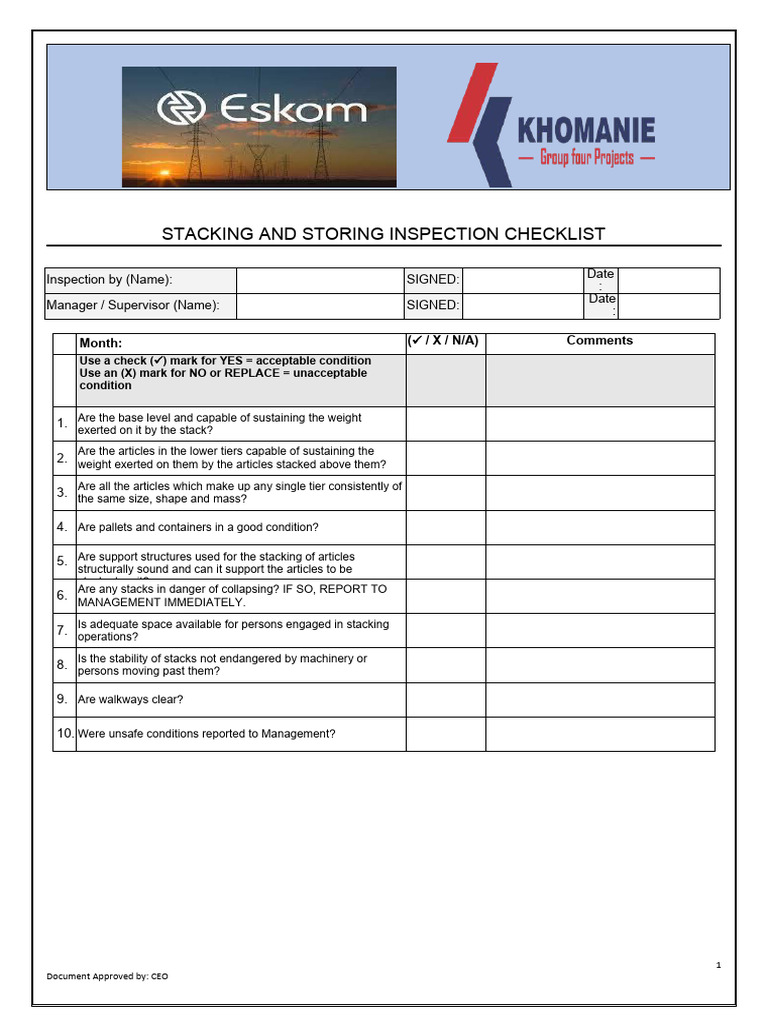 REG009 Stacking and Storing Inspection Checklist | PDF