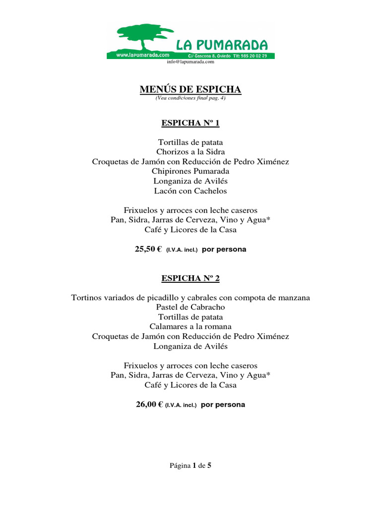 Menús Espicha Pumarada | PDF | Cocina | Cocina mediterranea