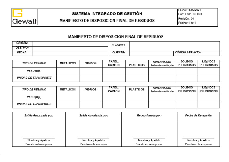 Manifiesto de Disposición de Residuos | PDF