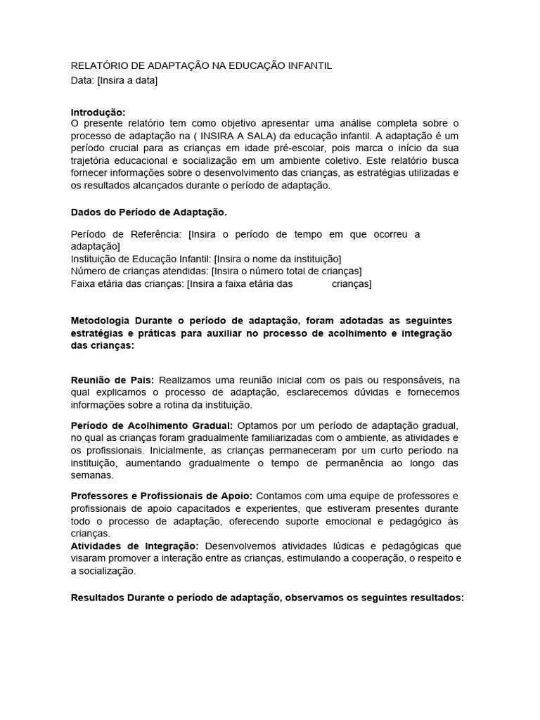 Relatorio de Adaptacao Na Educacao Infantil | Download grátis PDF | Pré ...
