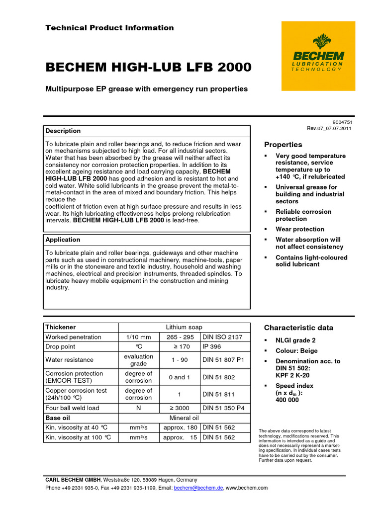 BECHEM HIGH-LUB LFB 2000 Grease Guide | PDF | Lubricant | Materials