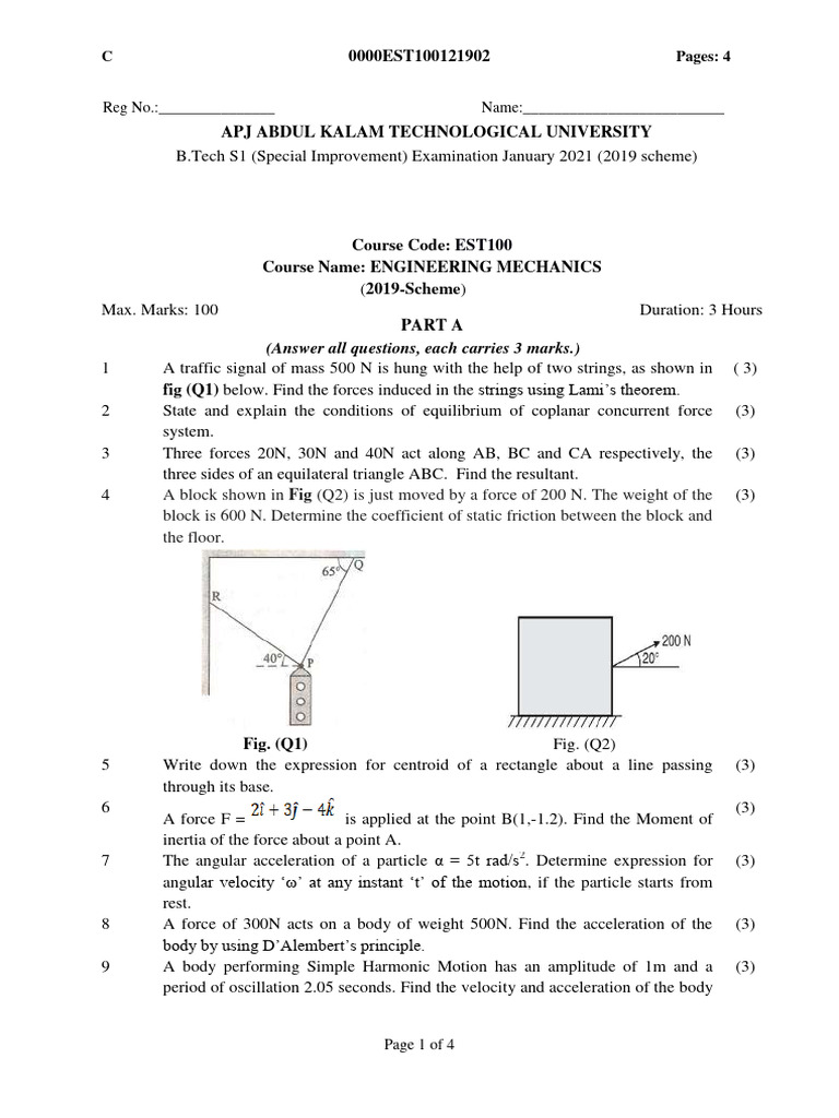 Engineering Mechanics Exam Paper 2021 | PDF | Force | Acceleration