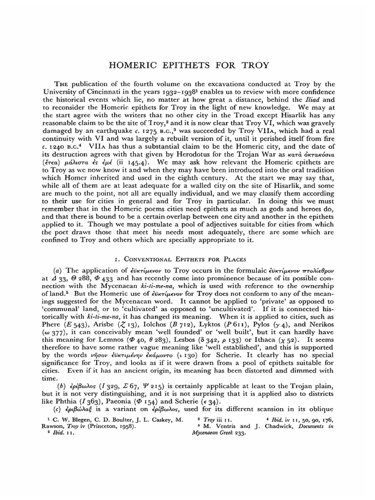 (Bowra) Homeric Epithets For Troy 1960 628372 PDF Troy Iliad