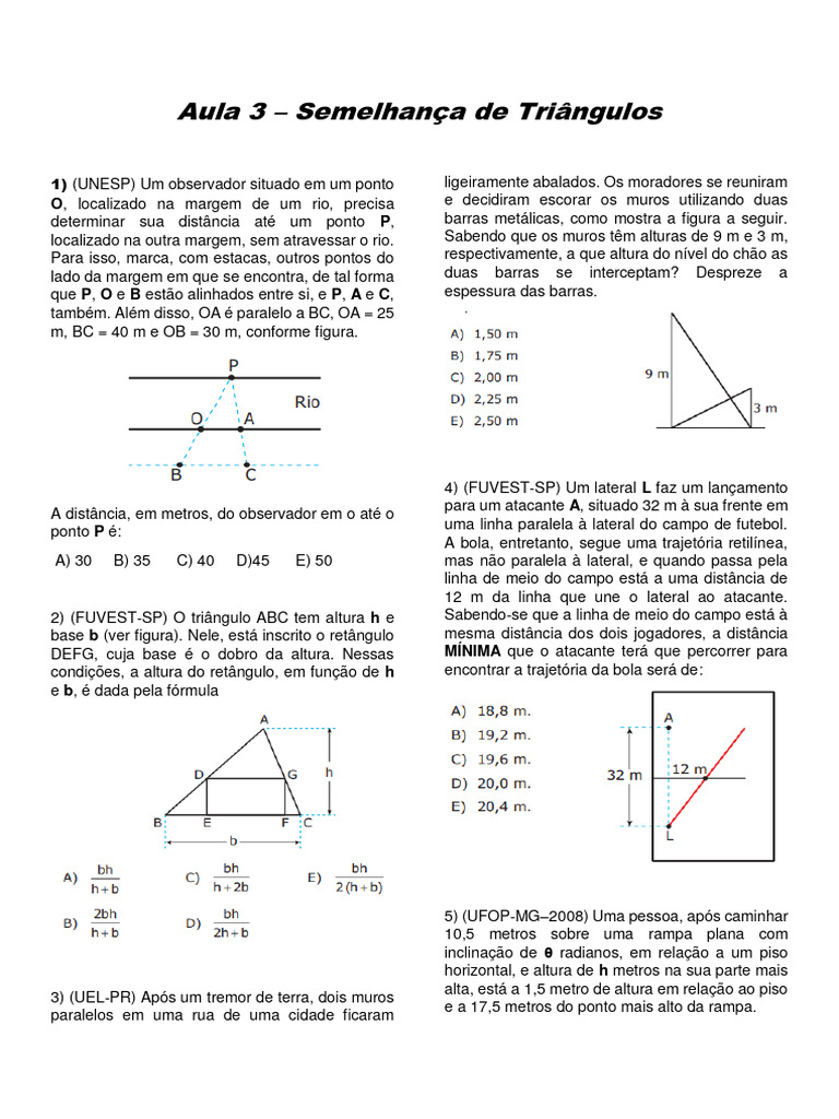 Lista de Exercícios - Semelhança de Triângulos | PDF | Triângulo