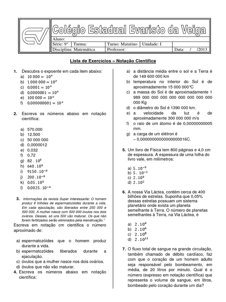 Lista de Exercícios sobre Notação Científica | PDF | Sol | Terra