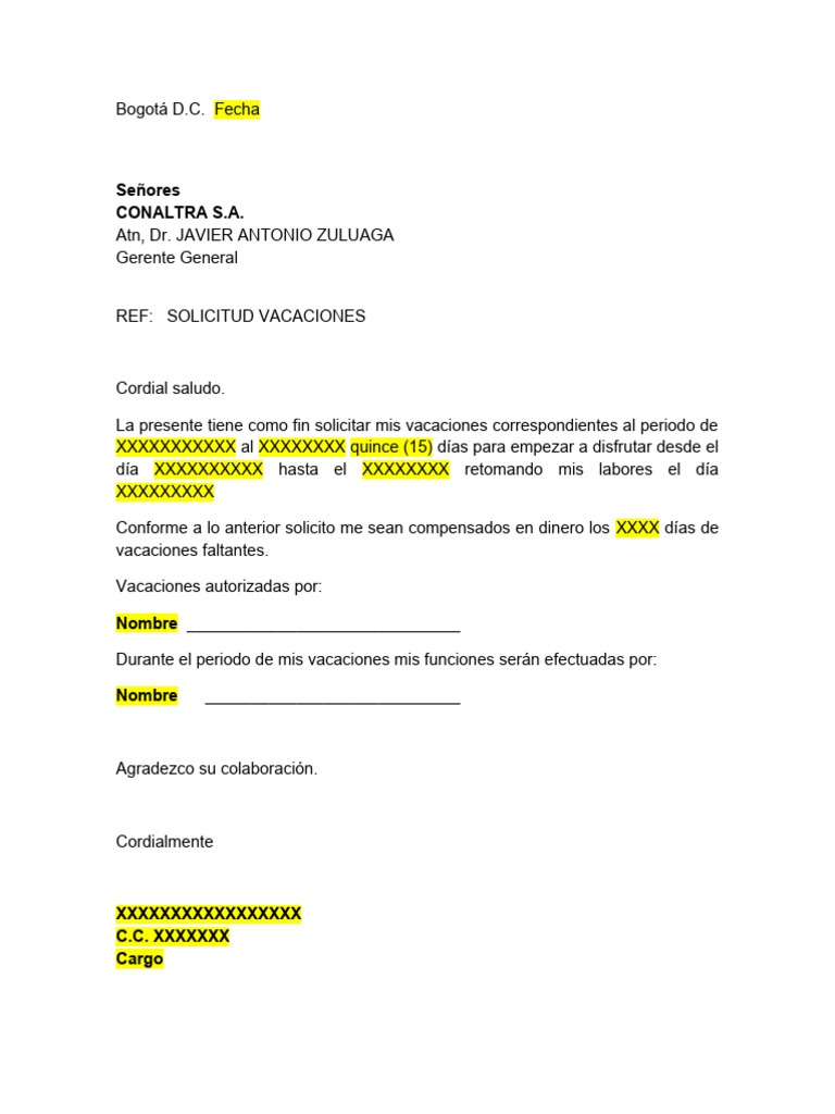 Modelo de carta de vacaciones laborales pagadas mide imagescarta
