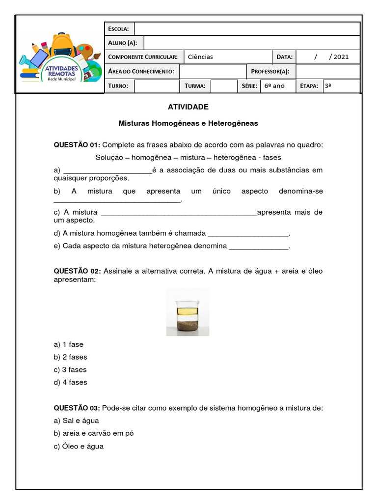 Atividade sobre Misturas Homogêneas e Heterogêneas | PDF