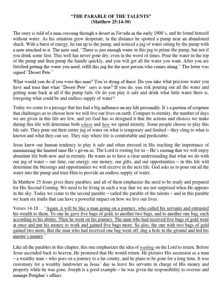 The Parable Of The Talents Matthew 25 14 30 Pdf Jesus Heaven