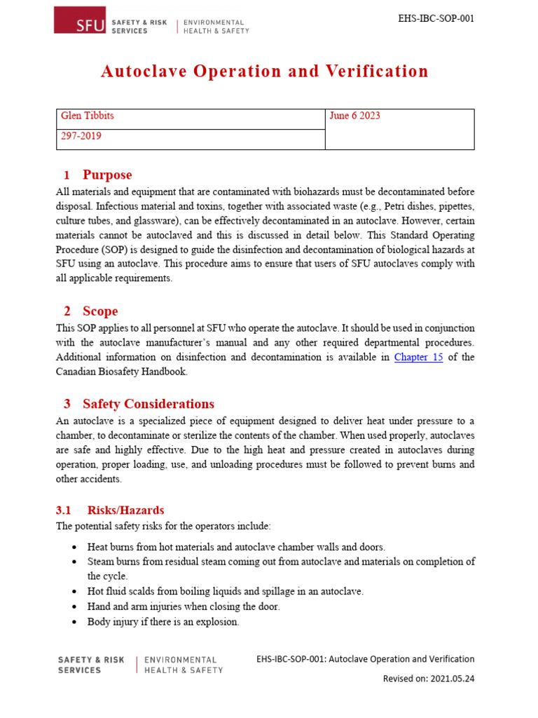 SOP001 Autoclave Operation and Verification Tibbits Download Free