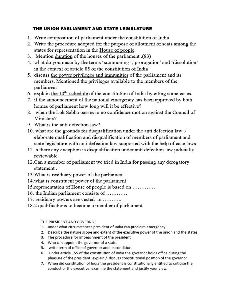 The Union Parliament and State Legislature | PDF | Legal Documents ...