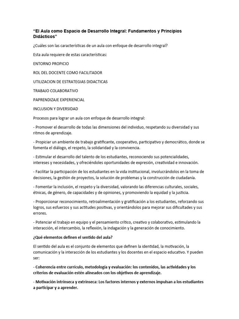 El Aula Como Espacio De Desarrollo Integral Pdf Salón De Clases
